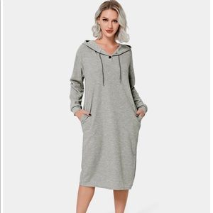 HALARA: Hooded Button Drawstring Pocket Plain Dress